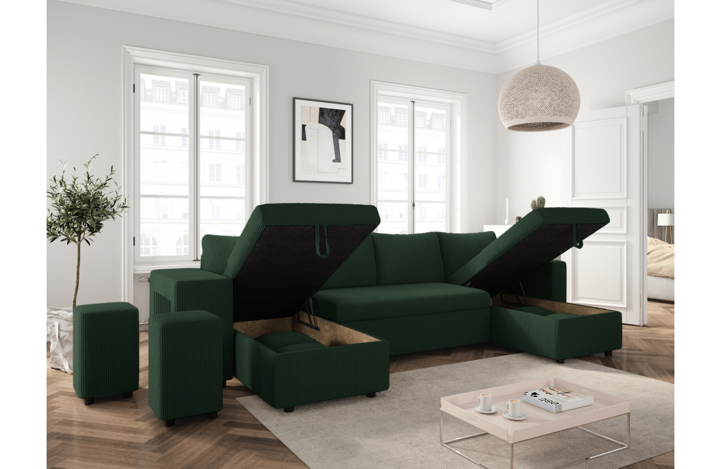Canapé d'angle panoramique OSLO convertible avec 2 coffres et 2 poufs en velours côtelé
