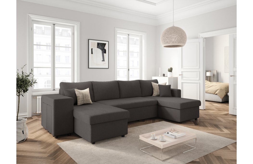 Canapé d'angle panoramique OSLO convertible avec 2 coffres et 2 poufs en velours côtelé