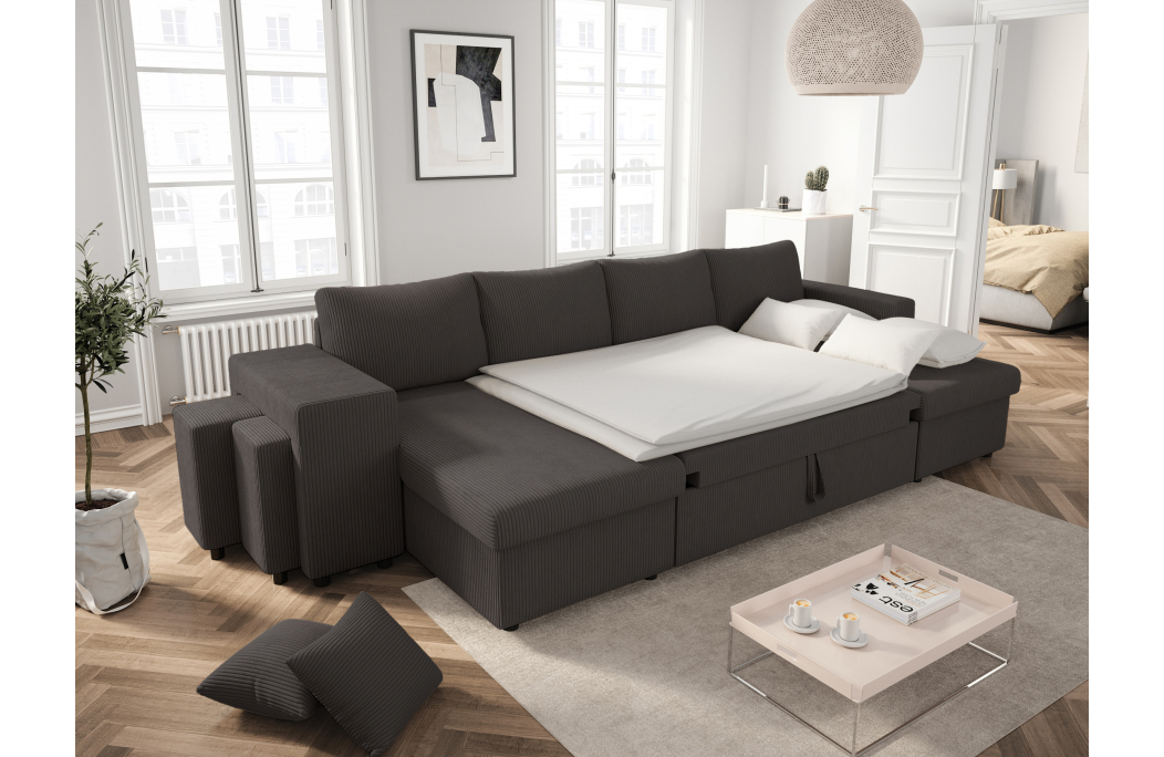 Canapé d'angle panoramique OSLO convertible avec 2 coffres et 2 poufs en velours côtelé