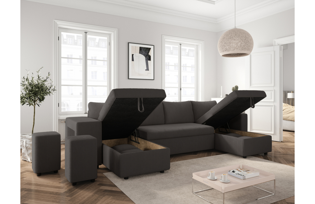 Canapé d'angle panoramique OSLO convertible avec 2 coffres et 2 poufs en velours côtelé