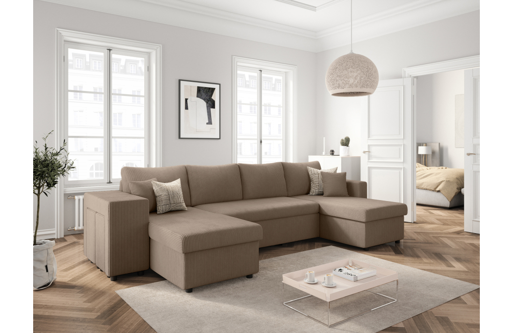 Canapé d'angle panoramique OSLO convertible avec 2 coffres et 2 poufs en velours côtelé
