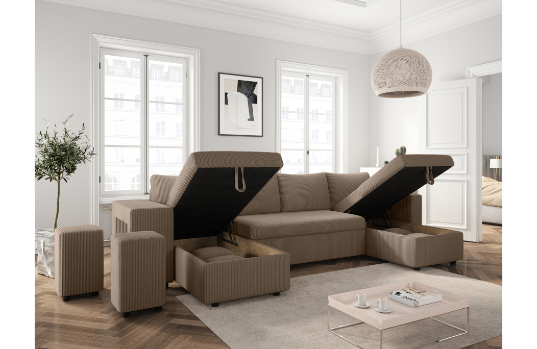 Canapé d'angle panoramique OSLO convertible avec 2 coffres et 2 poufs en velours côtelé