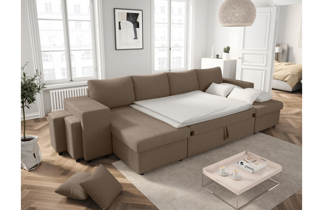 Canapé d'angle panoramique OSLO convertible avec 2 coffres et 2 poufs en velours côtelé