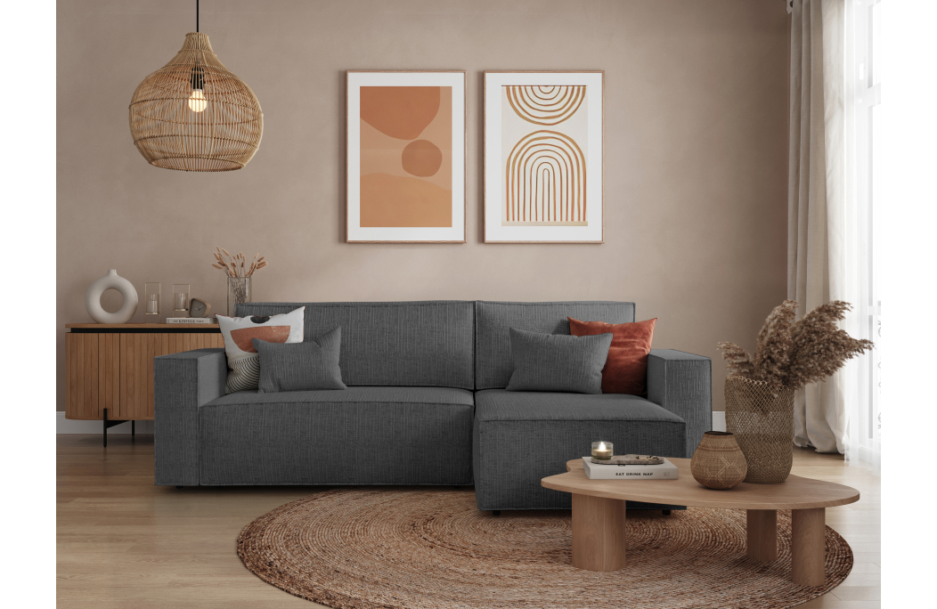 CLARISSE - Canapé d'angle convertible réversible avec coffre en tissu texturé 3D