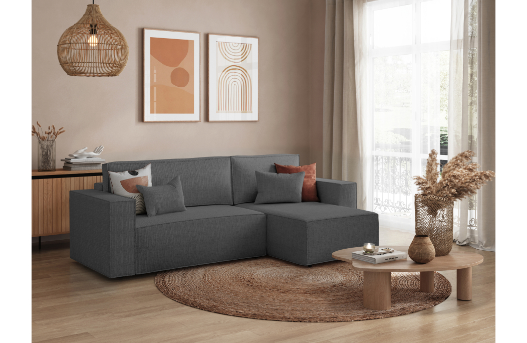 CLARISSE - Canapé d'angle convertible réversible avec coffre en tissu texturé 3D