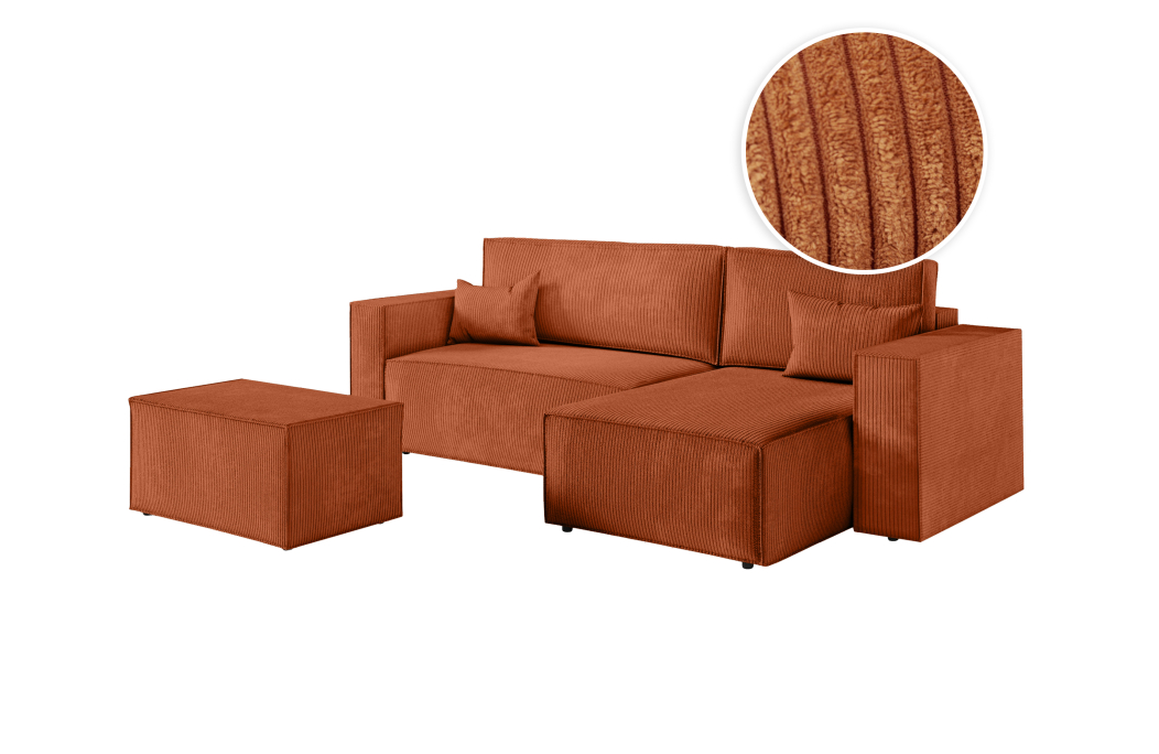PACK - CLARISSE - Canapé d'angle convertible réversible avec pouf en velours côtelé