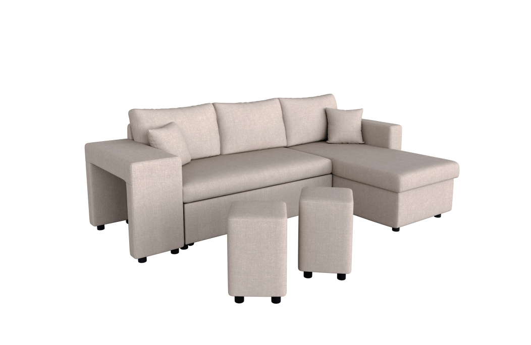Canapé d'angle OSLO convertible avec coffre et poufs en tissu