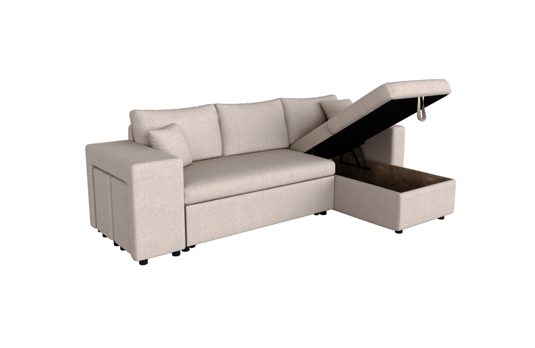 Canapé d'angle OSLO convertible avec coffre et poufs en tissu