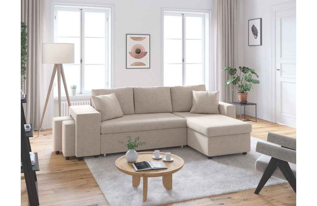 Canapé d'angle OSLO convertible avec coffre et poufs en tissu