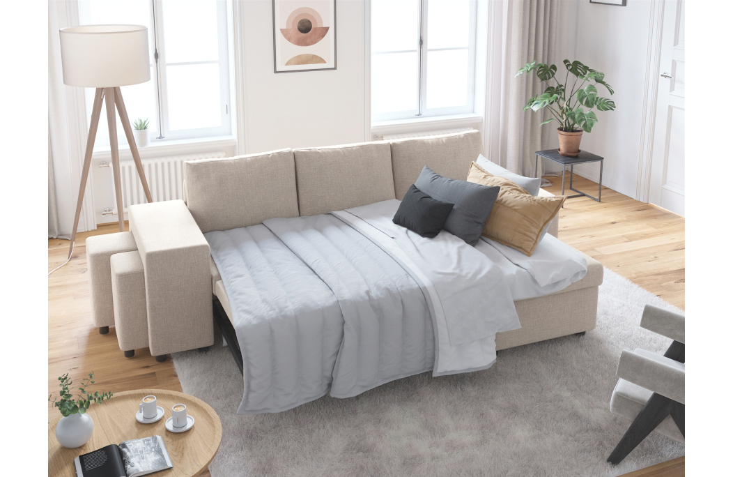 Canapé d'angle OSLO convertible avec coffre et poufs en tissu