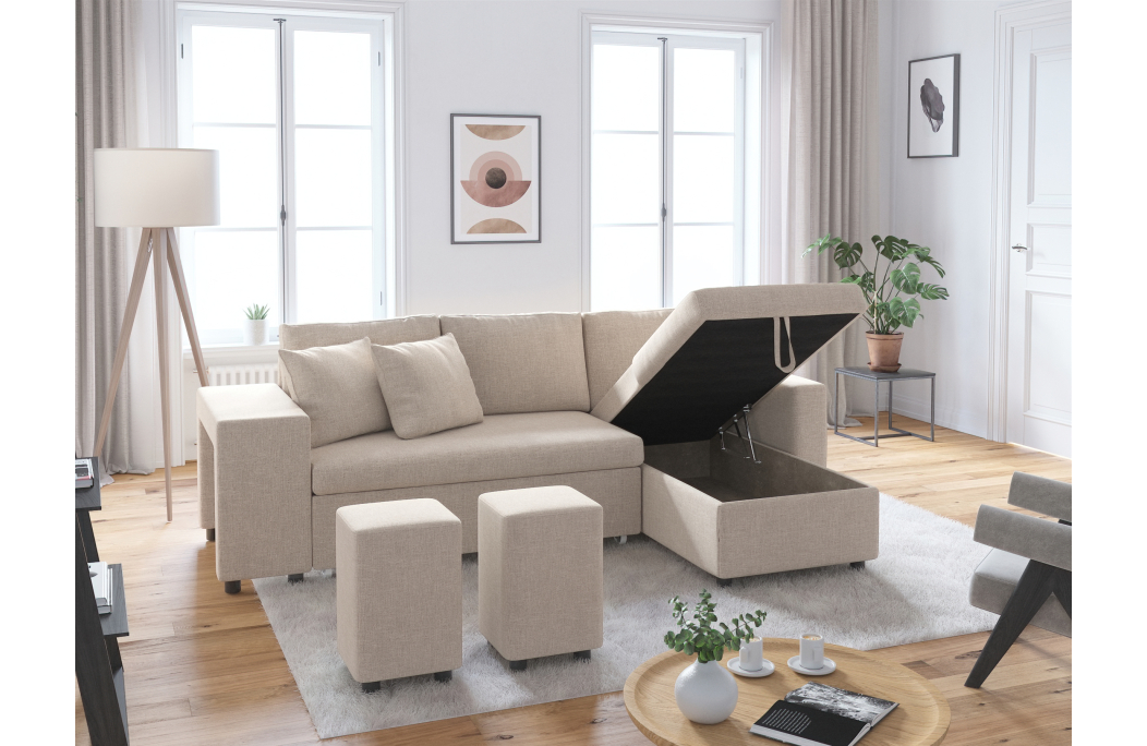 Canapé d'angle OSLO convertible avec coffre et poufs en tissu
