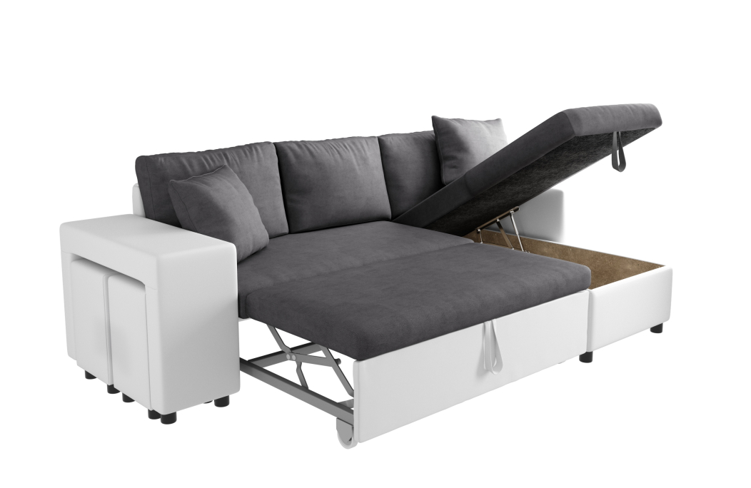 Canapé d'angle OSLO convertible avec coffre et poufs en microfibre et simili