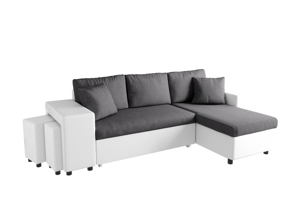 Canapé d'angle OSLO convertible avec coffre et poufs en microfibre et simili
