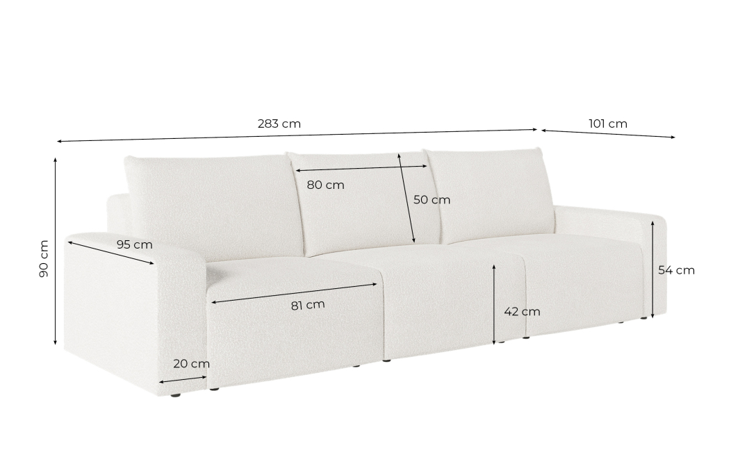 PACK - Canapé droit fixe 3 places ROMANE avec pouf en tissu bouclette