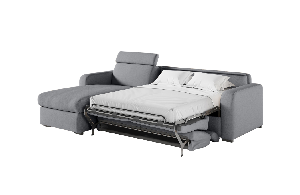 Canapé CAROLE d'angle convertible 4 places système couchage express avec têtières réglables en tissu