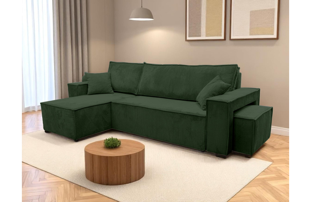 Canapé FARAH d'angle réversible et convertible 4 places avec un pouf en velours côtelé