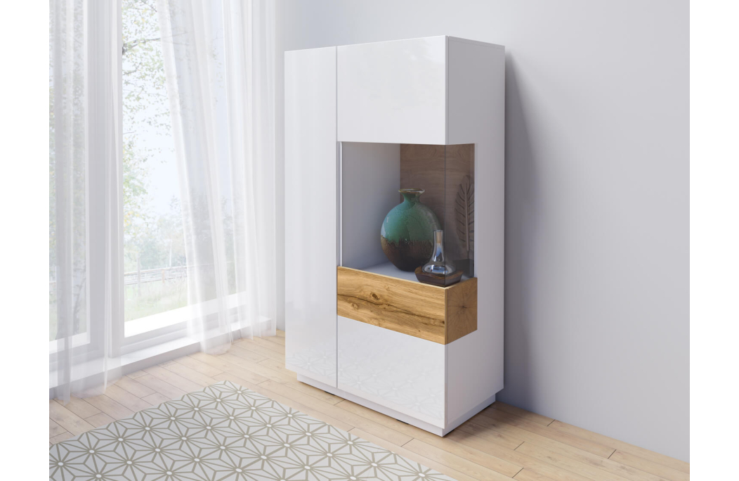 Vitrine LUMINA 2 portes dont 1 vitrée à droite en panneaux mélaminés - Hauteur 139cm