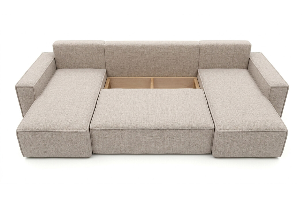 Canapé panoramique d'angle FARAH convertible avec rangement en tissu