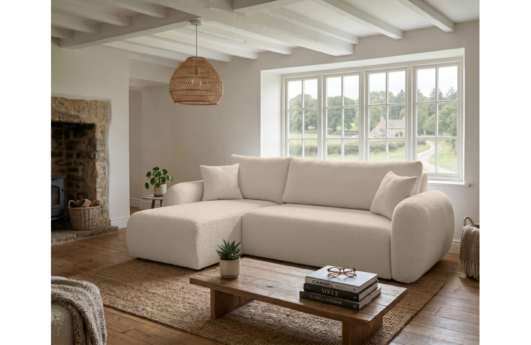 Canapé d'angle ALYA convertible réversible avec rangement en tissu bouclette