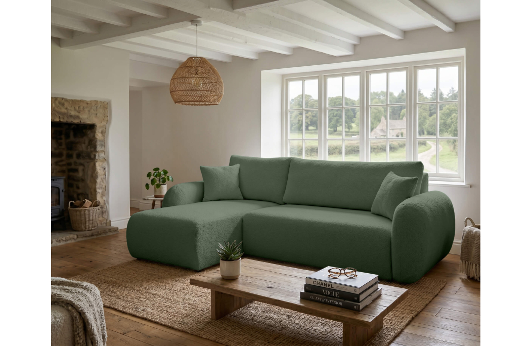 Canapé d'angle ALYA convertible réversible avec rangement en tissu bouclette