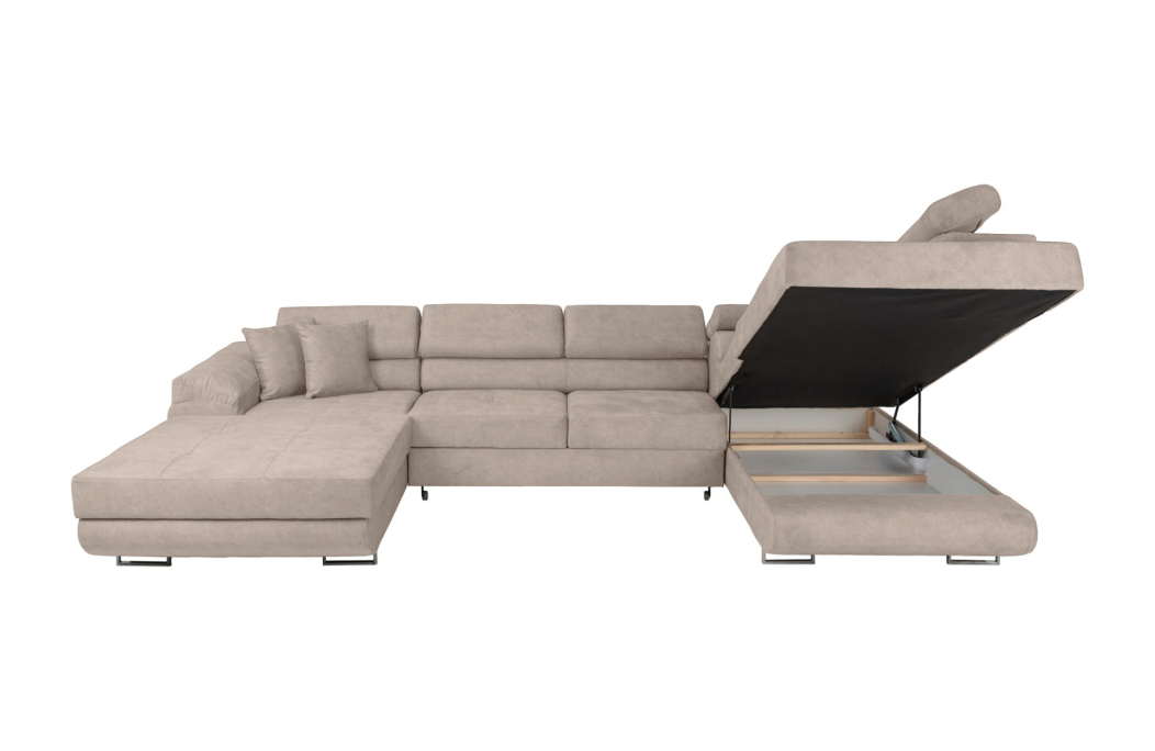 Canapé panoramique 6 places FLAVIO convertible avec 2 coffres en tissu