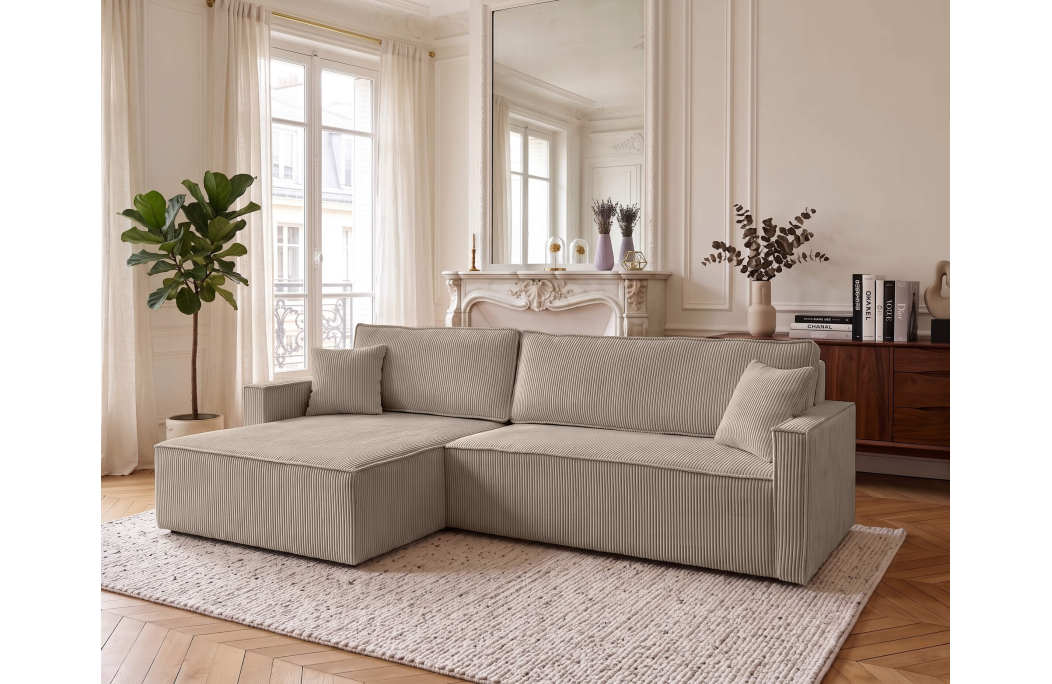 Canapé d'angle max FARAH réversible convertible 5 places avec coffre en velours côtelé