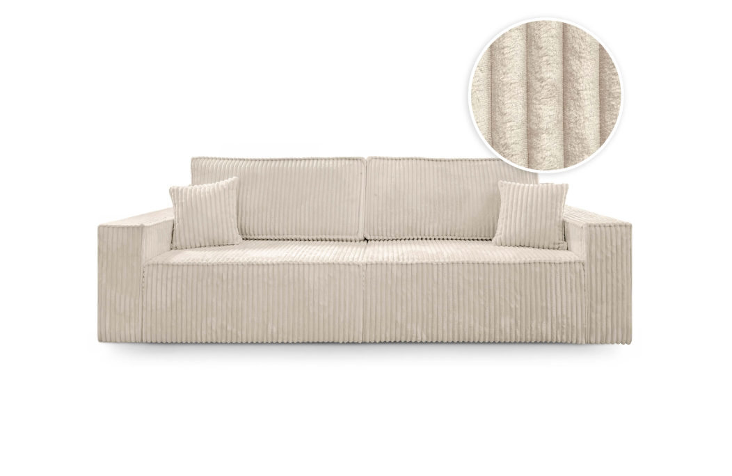 Canapé droit FARAH convertible avec assise profonde et 2 coffres en velours côtelé
