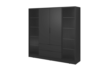 Armoire MIRAGE 4 portes vitrées et 2 tiroirs avec penderie en bois et verre