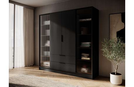 Armoire MIRAGE 4 portes vitrées et 2 tiroirs avec penderie en bois et verre
