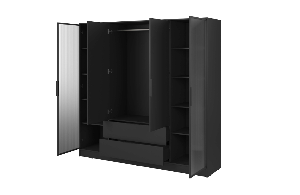 Armoire MIRAGE 4 portes vitrées et 2 tiroirs avec penderie en bois et verre
