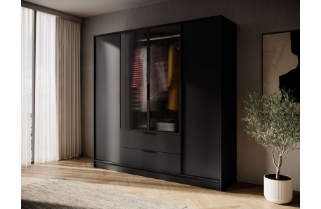 Armoire MIRAGE 2 tiroirs 4 portes vitrées avec penderie en bois et verre
