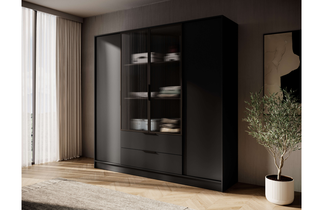 Armoire MIRAGE 2 tiroirs 4 portes vitrées avec penderie en bois et verre