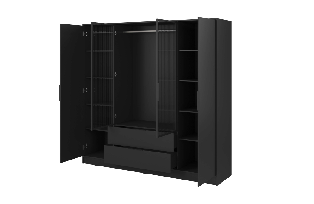 Armoire MIRAGE 2 tiroirs 4 portes vitrées avec penderie en bois et verre