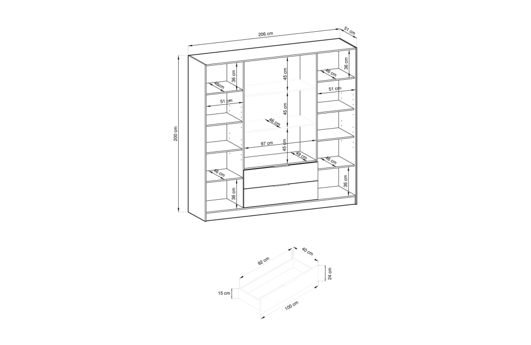 Armoire MIRAGE 2 tiroirs 4 portes vitrées avec penderie en bois et verre