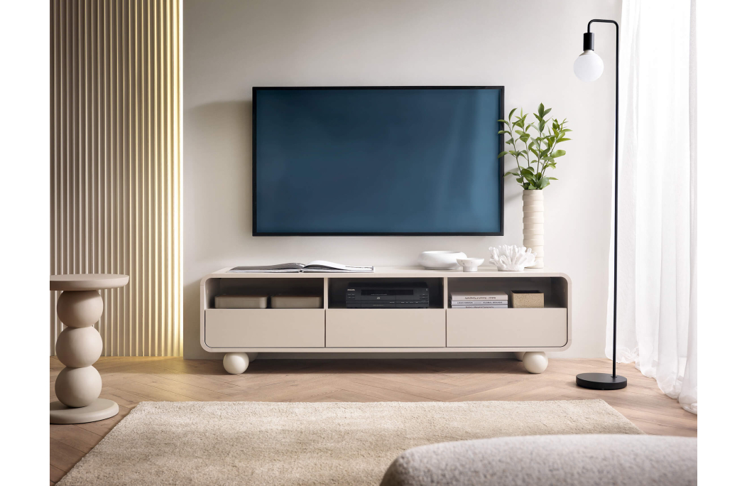 Meuble TV ALBA bas à poser avec 3 tiroirs en bois