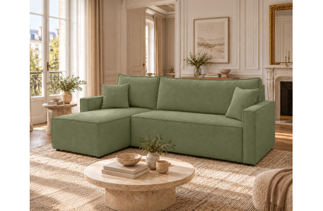 Canapé d'angle convertible 4 places FARAH réversible avec coffre en tissu bouclette texturé