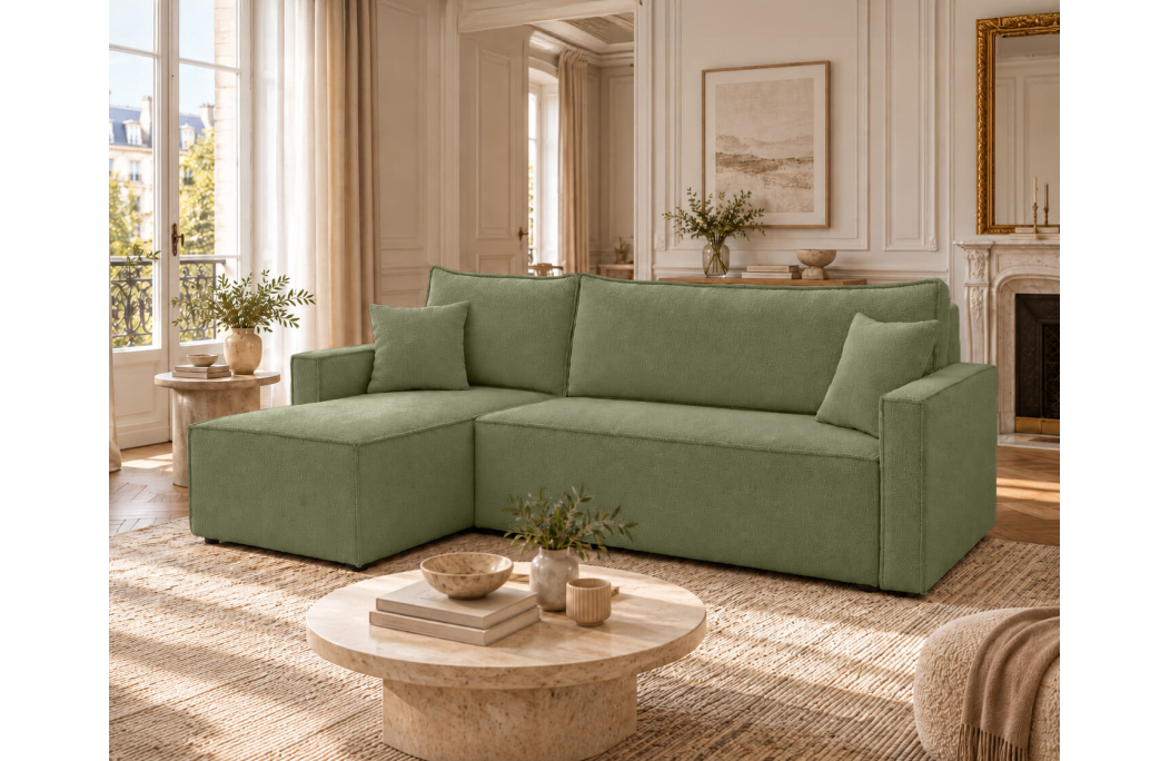 Canapé d'angle convertible 4 places FARAH réversible avec coffre en tissu bouclette texturé