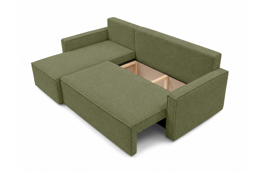 Canapé d'angle convertible 4 places FARAH réversible avec coffre en tissu bouclette texturé