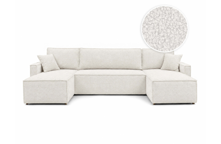 Canapé d’angle panoramique 6 places FARAH convertible avec rangement en tissu bouclette généreuse