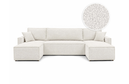 Canapé d’angle panoramique 6 places FARAH convertible avec rangement en tissu bouclette généreuse