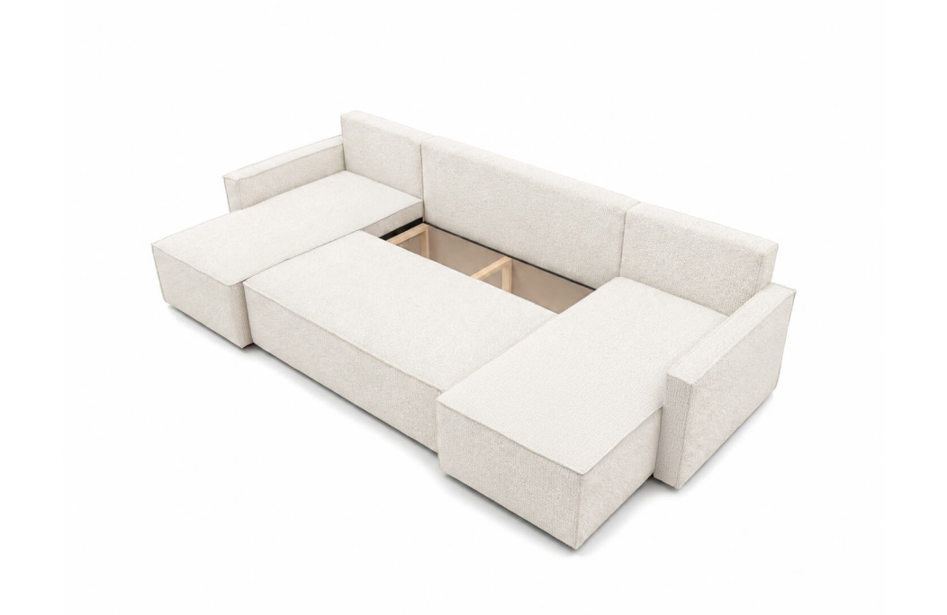 Canapé d’angle panoramique 6 places FARAH convertible avec rangement en tissu bouclette généreuse