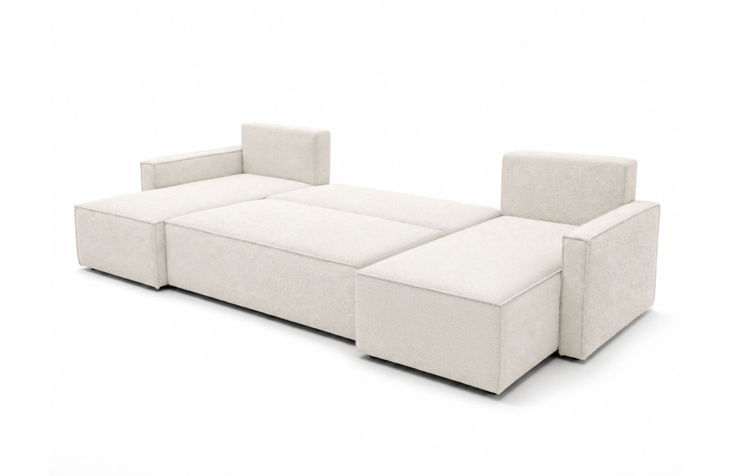 Canapé d’angle panoramique 6 places FARAH convertible avec rangement en tissu bouclette généreuse