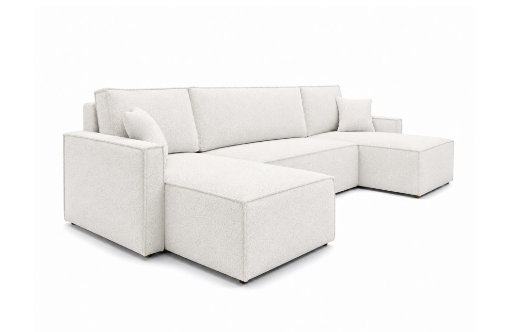 Canapé d’angle panoramique 6 places FARAH convertible avec rangement en tissu bouclette généreuse