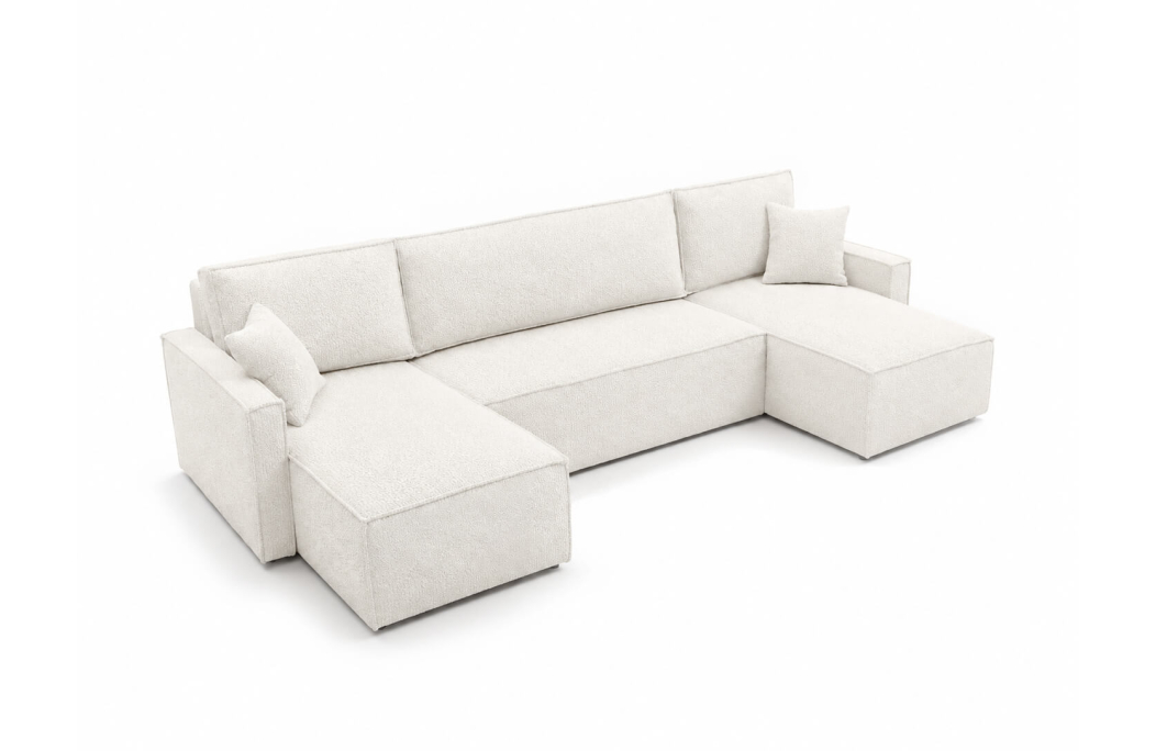 Canapé d’angle panoramique 6 places FARAH convertible avec rangement en tissu bouclette généreuse