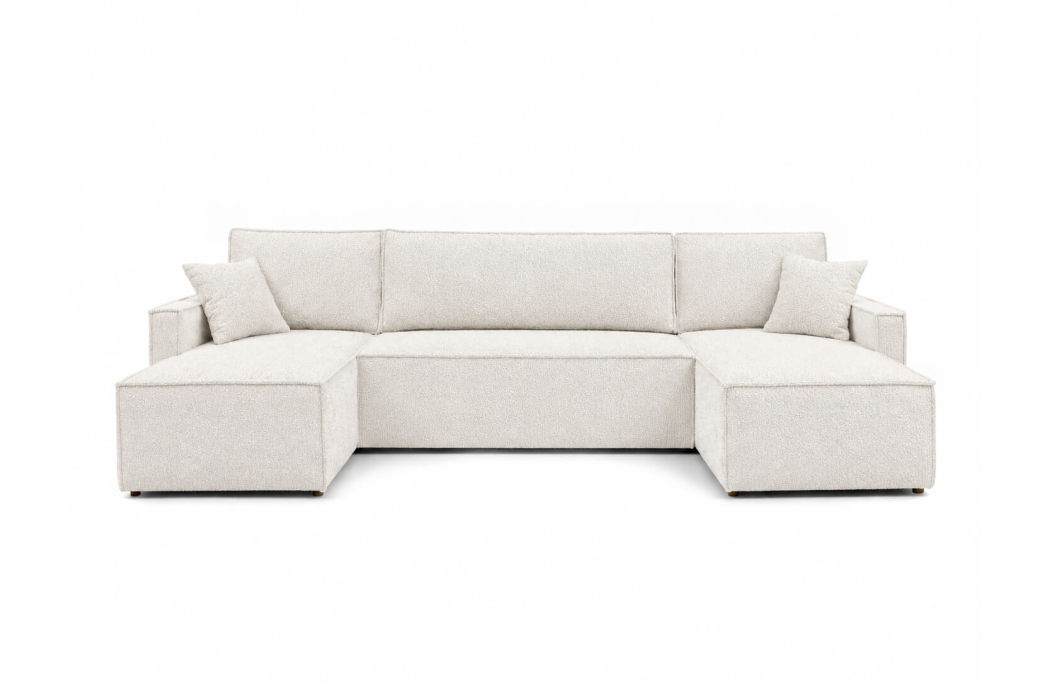 Canapé d’angle panoramique 6 places FARAH convertible avec rangement en tissu bouclette généreuse