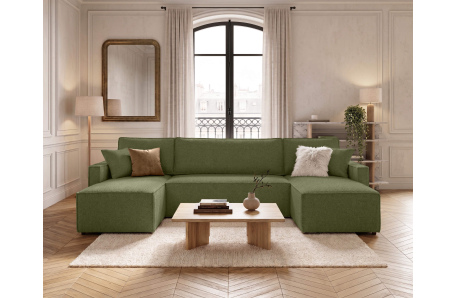 Canapé panoramique FARAH convertible 6 places avec rangement en tissu bouclette texturé