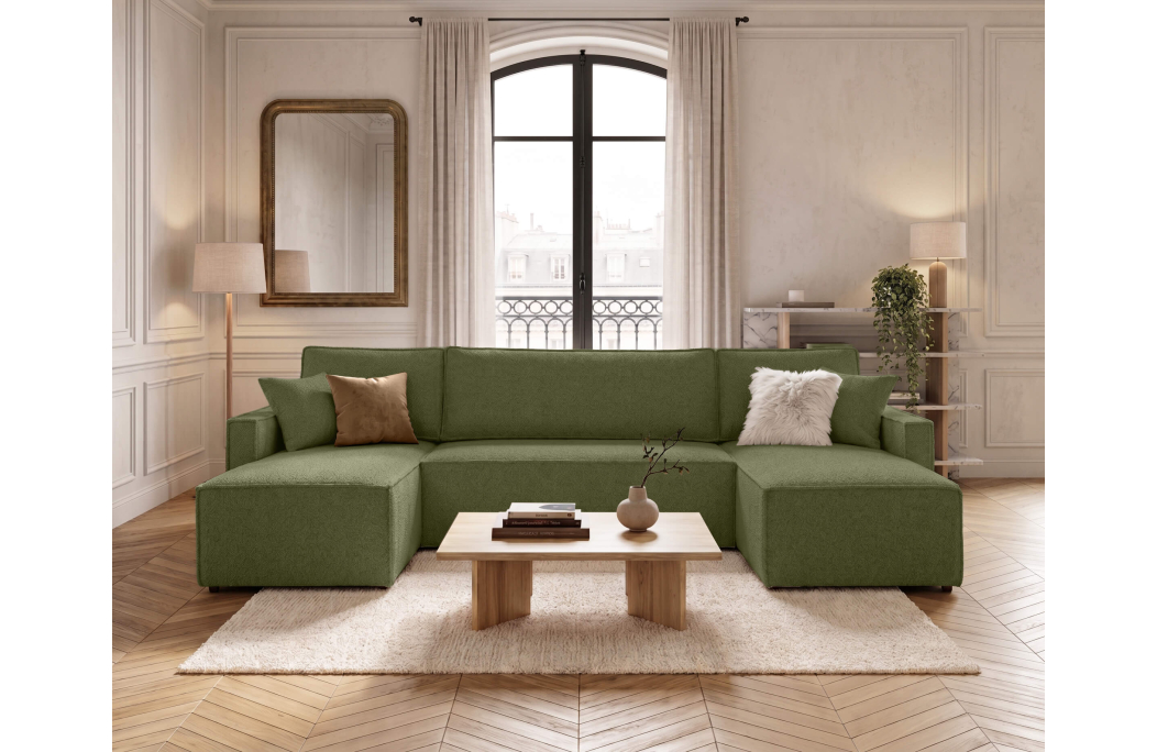 Canapé panoramique FARAH convertible 6 places avec rangement en tissu bouclette texturé