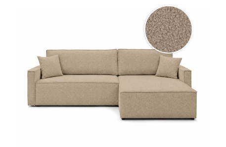 Canapé d'angle max réversible FARAH convertible 5 places avec coffre en tissu bouclette généreuse