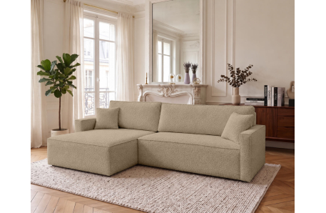 Canapé d'angle max réversible FARAH convertible 5 places avec coffre en tissu bouclette généreuse