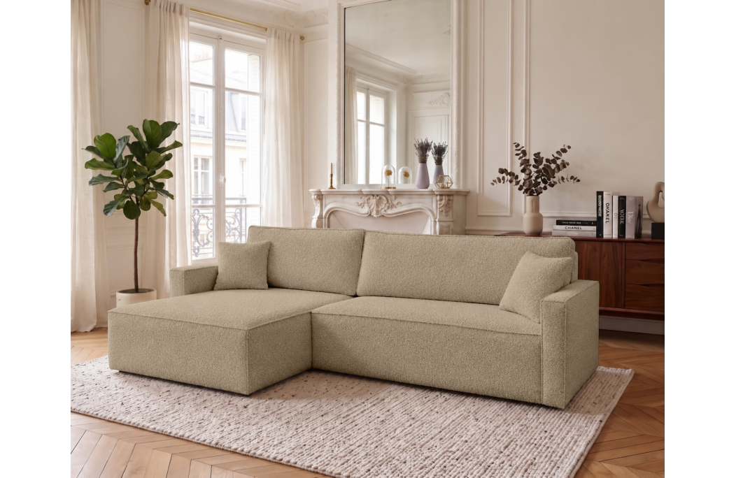 Canapé d'angle max réversible FARAH convertible 5 places avec coffre en tissu bouclette généreuse